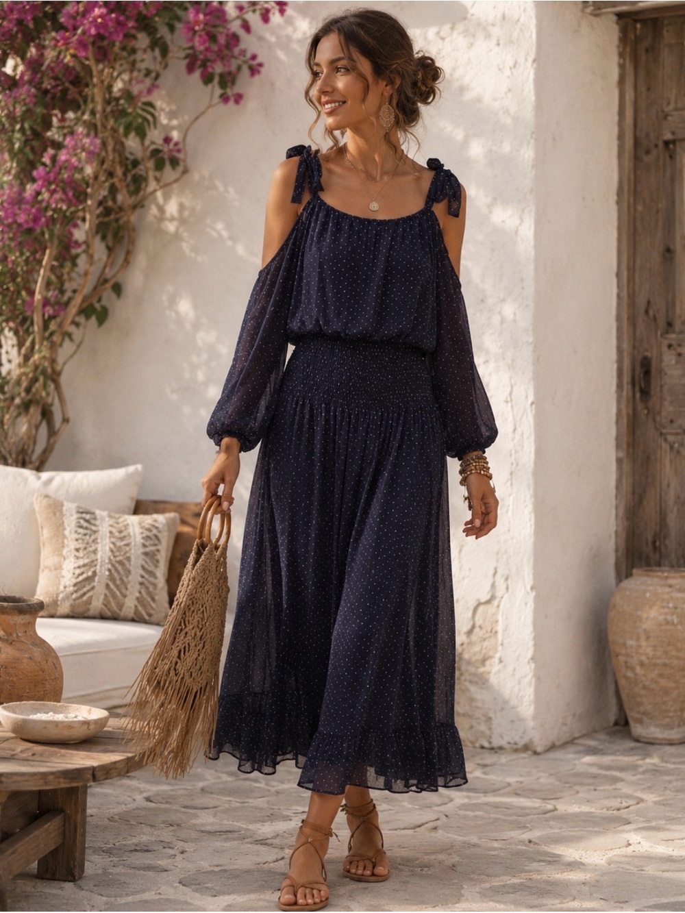 NWT Gabby Skye Navy Polka Dot Midi Dress